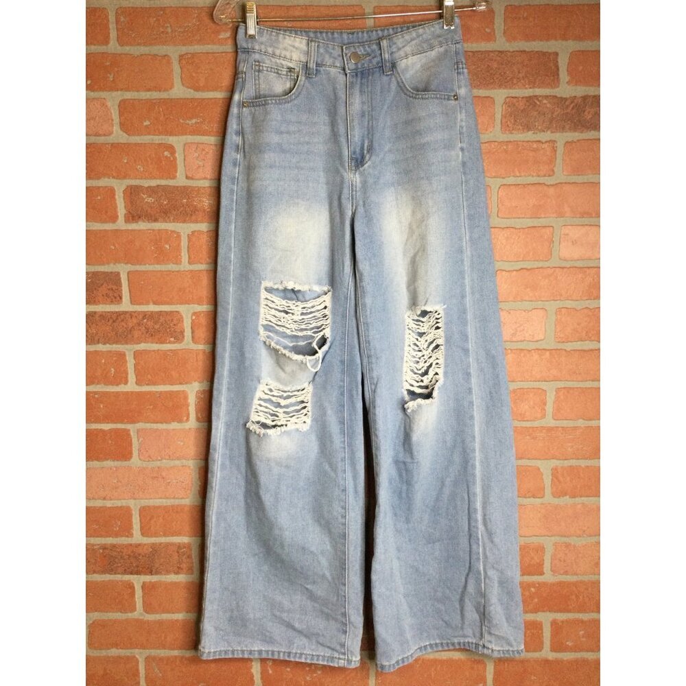 Women's Denim Wide-Leg Jeans Ripped Distressed Grunge Hip Hop Boho Hippie